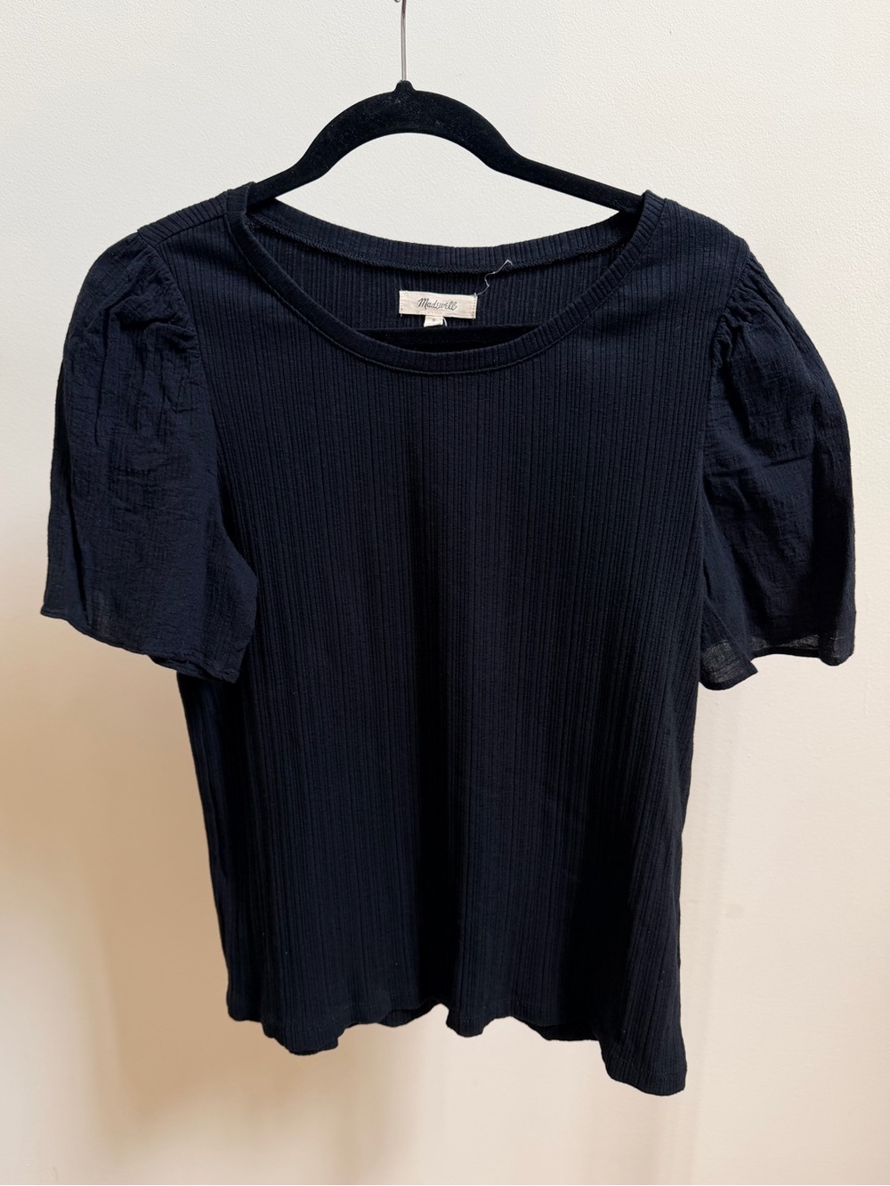 Madewell ribbed puff-sleeve blouse black Sz S